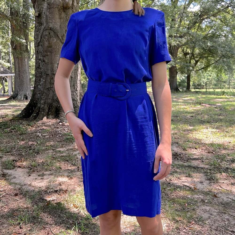 Liz Claiborne Vintage 100% Silk Royal Blue Belted Sheath Dress Petite 4